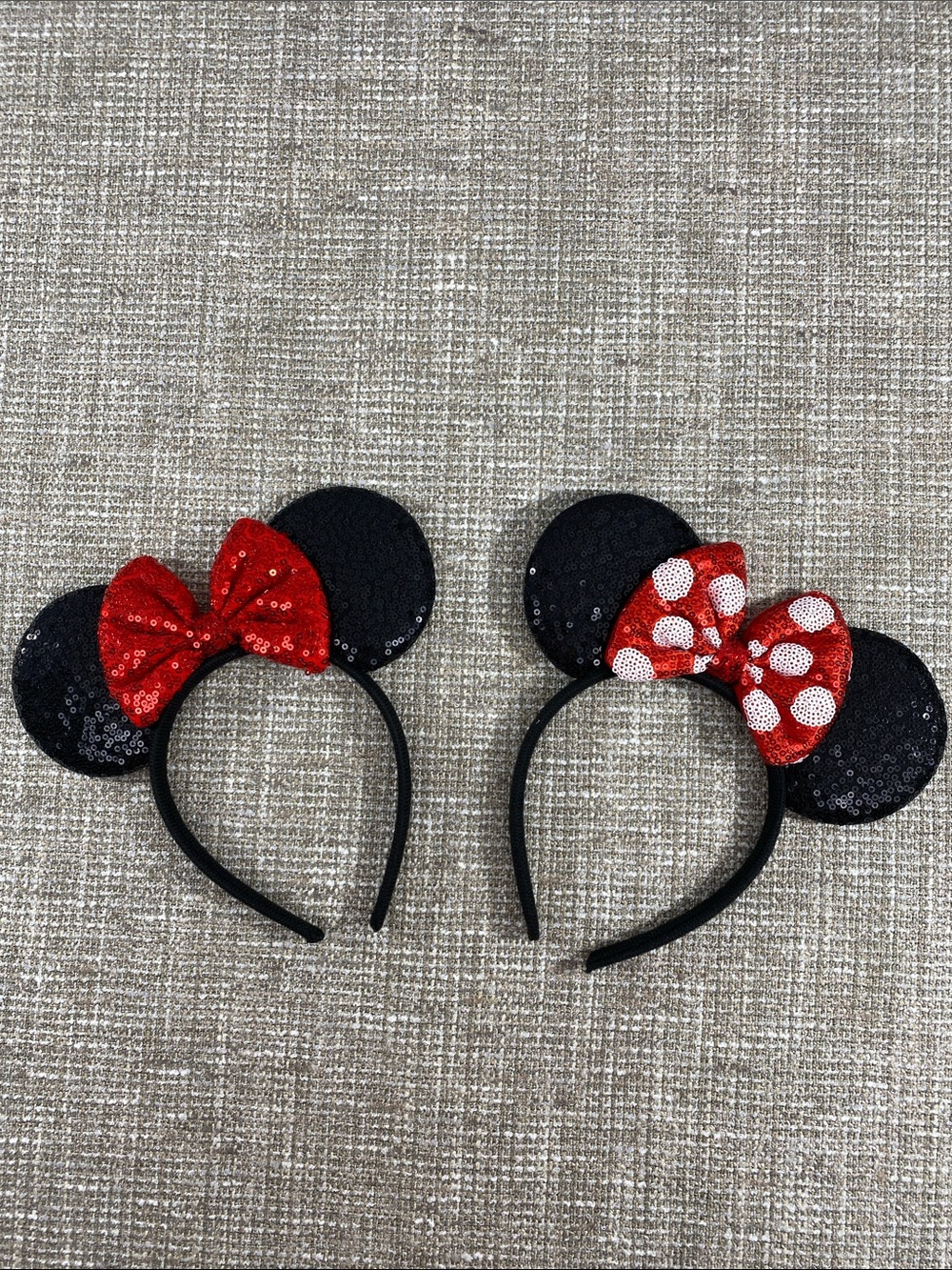 Sequin Minnie Ear Headbands with Red Bows (Pair)